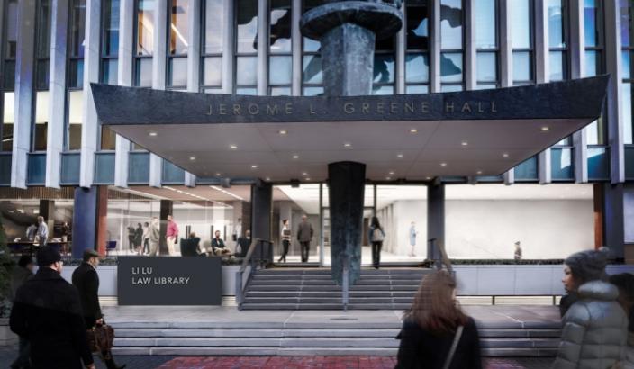 Exterior rendering of Jerome L. Greene Hall, looking into new Li Lu Law Library.