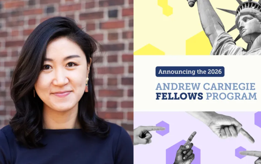 Split image of Eunji Kim on left and event program on right that says “Announcing the 2026 Andrew Carnegie Fellows Program”